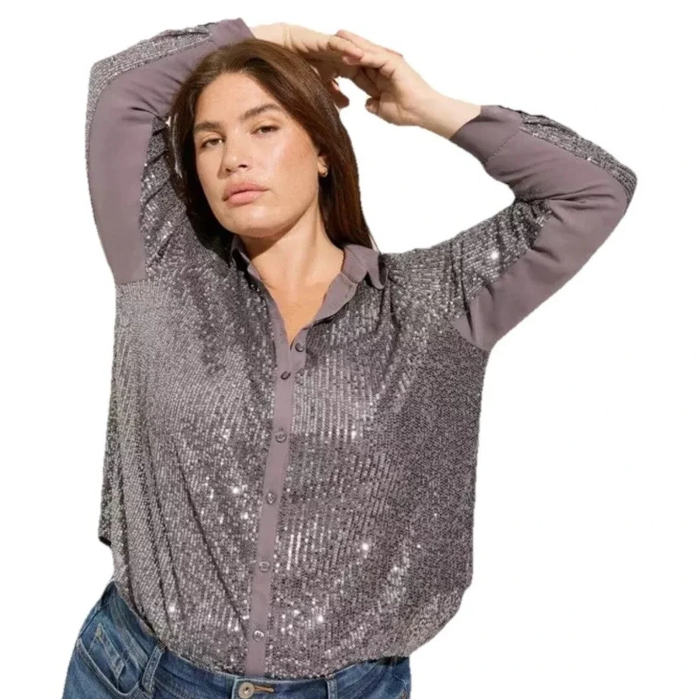 Torrid Gray Madison Sequin Long Sleeve Button Up Shirt Women's Size 3X 22-24 NWT